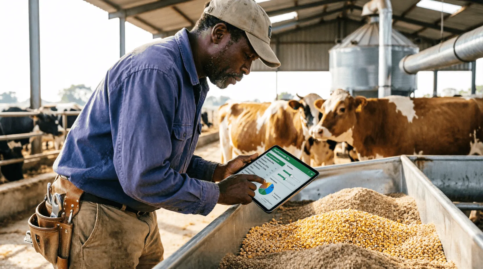 Éleveur formulant l'alimentation animale